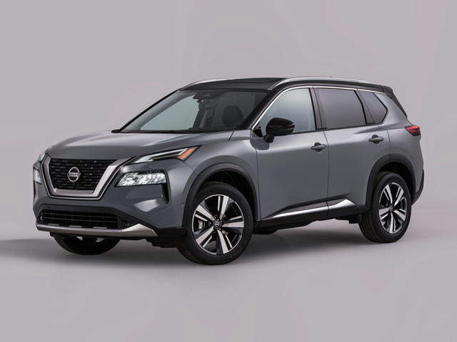 A grey 2023 Nissan Rogue on a grey background.